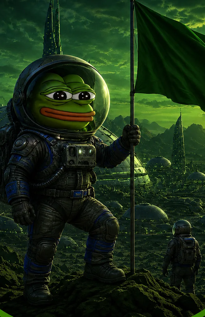MarsPepo in a pressure suit planting a green flag on a ridge above the Martian colony.